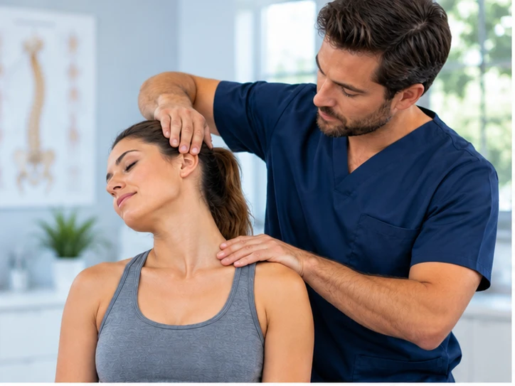 Chiropractor performing a gentle neck adjustment on a seated patient