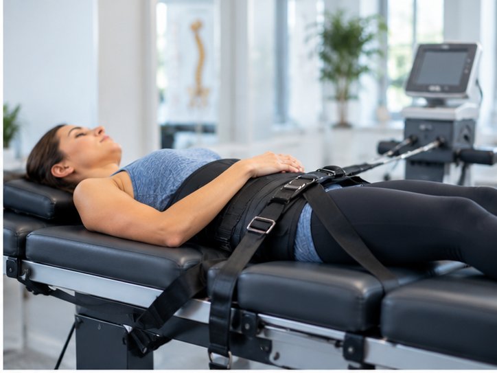 Patient lying on a spinal decompression table with a padded harness fitted