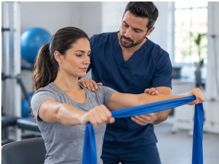 Provider guiding a patient through a resistance band exercise during rehabilitation