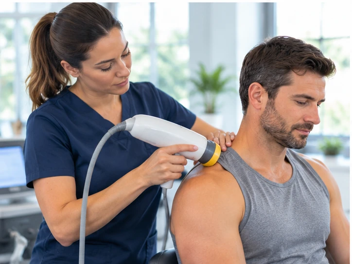 Provider using a SoftWave therapy applicator on a patient's shoulder