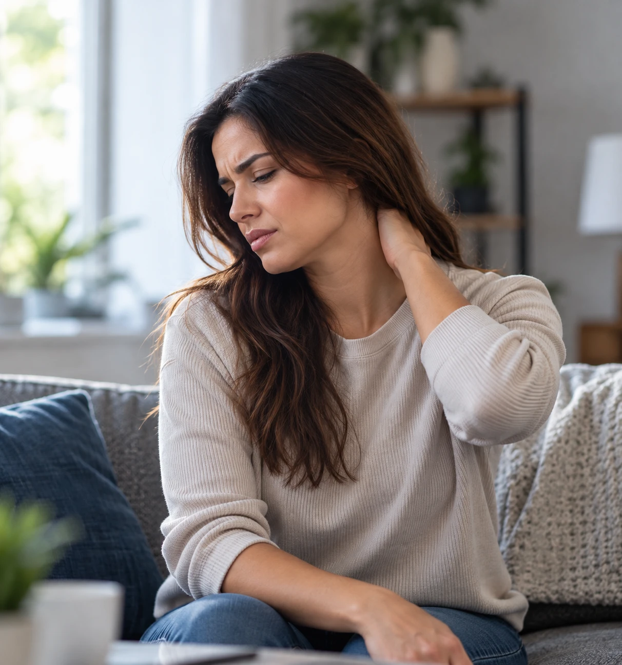 Patient at home holding their neck with stiffness that appeared days after a car accident