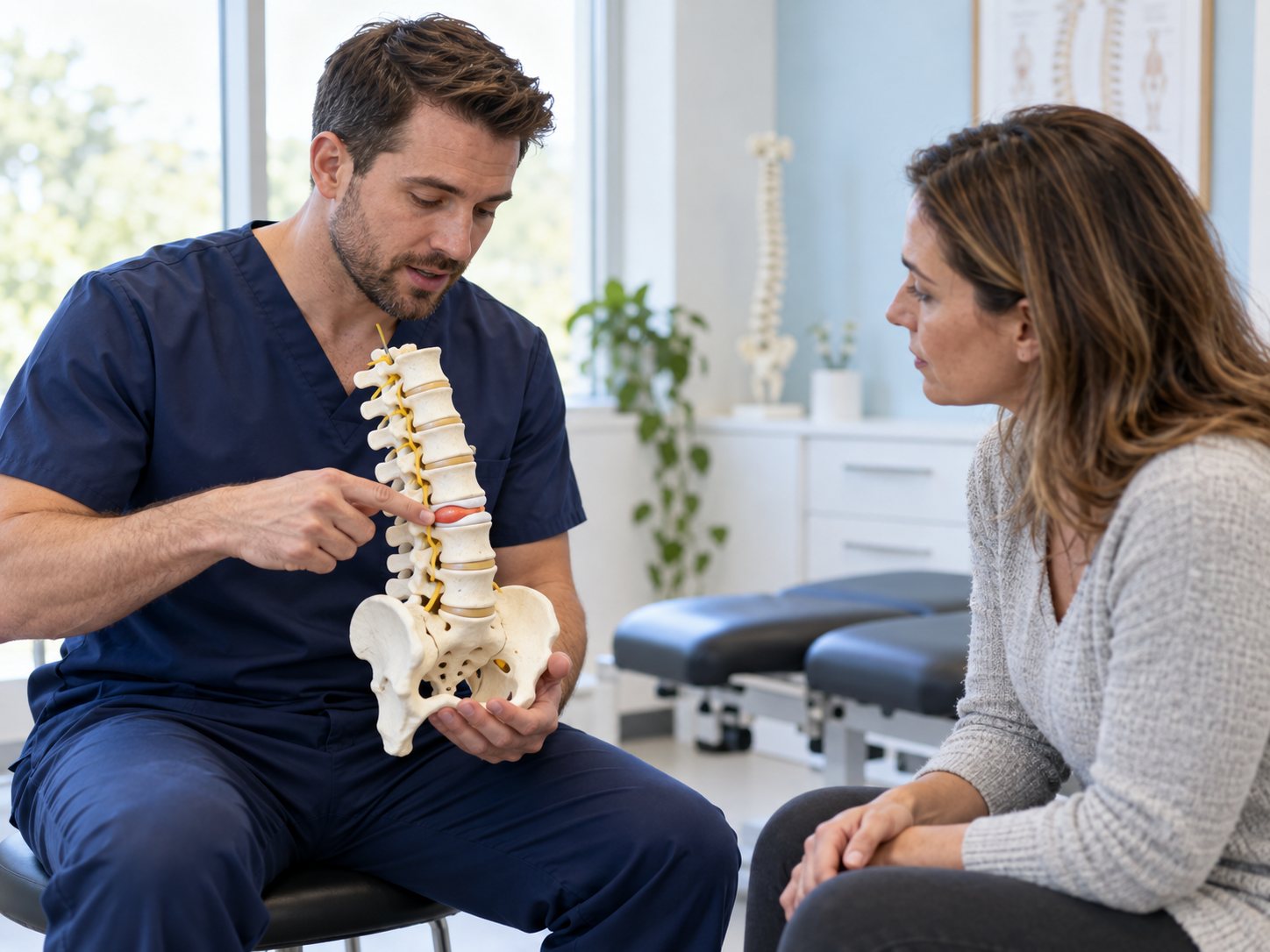Provider using a spine model to explain a herniated disc to a patient after a car accident