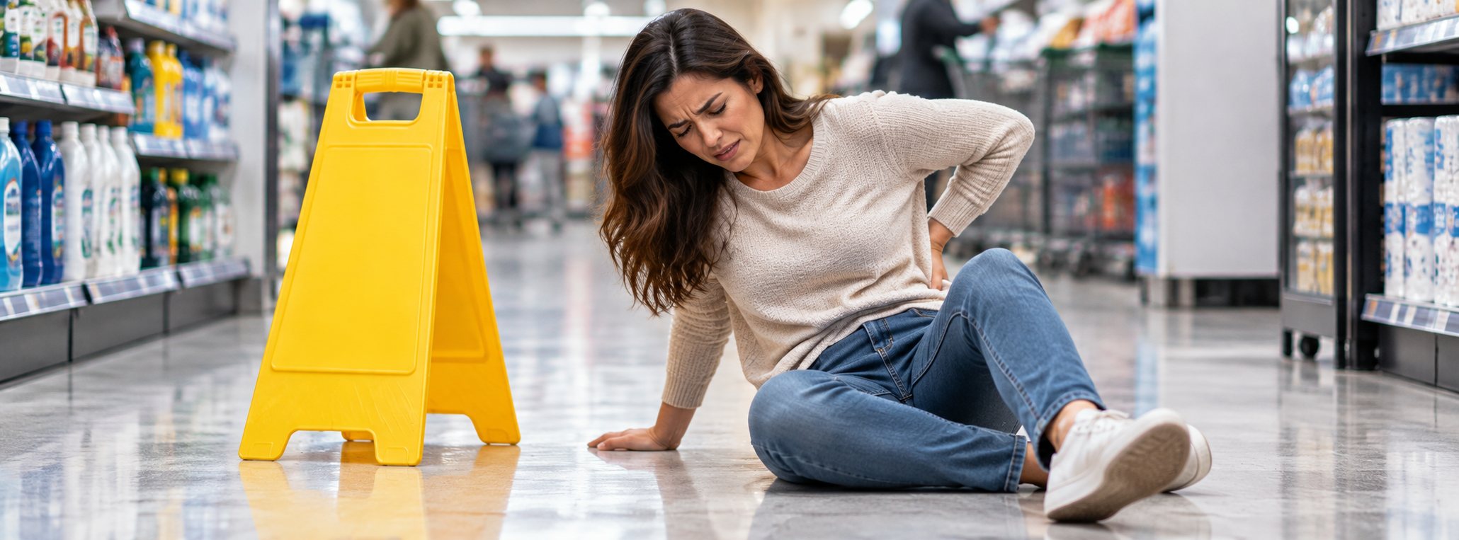 Person sitting down holding their lower back in pain after a slip and fall accident