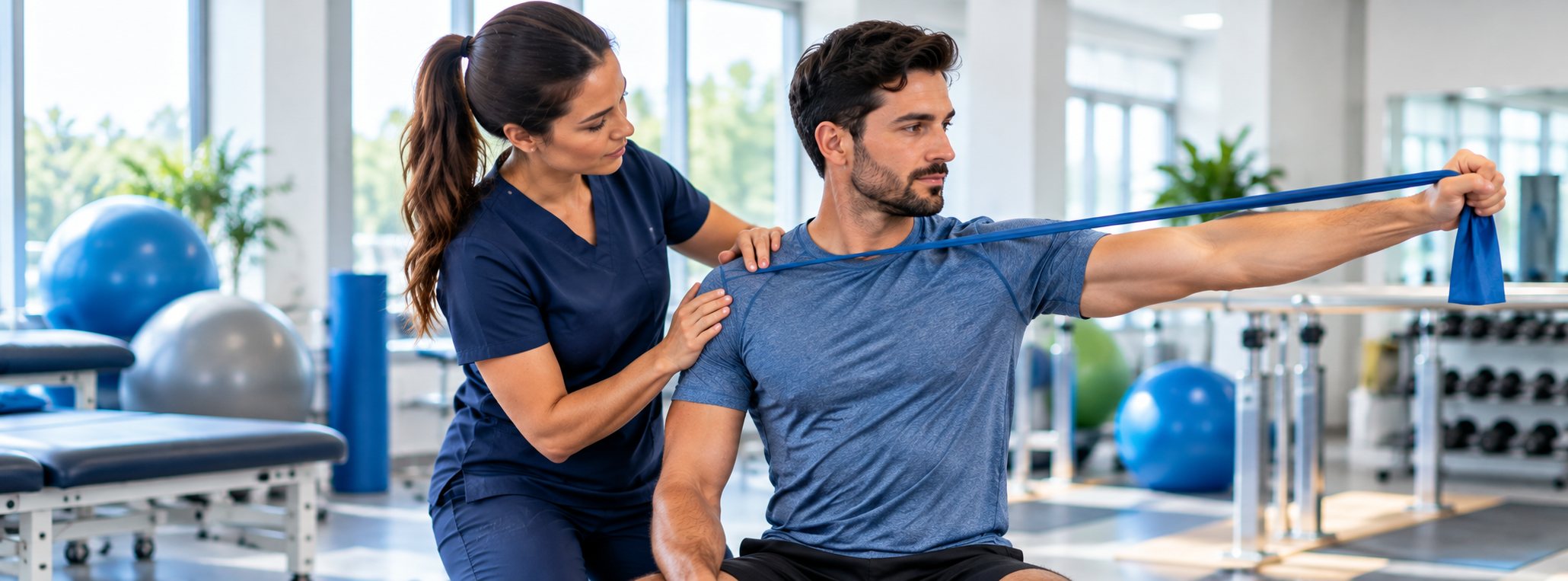 Provider guiding an athlete through a resistance band exercise during sports injury rehabilitation