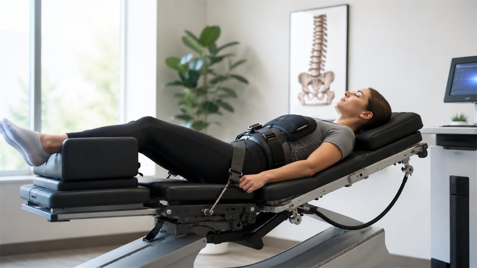 Patient on a spinal decompression table